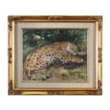 CUTHBERT EDMUND SWAN (1870 - 1931) A leopard with it's prey Watercolour, 19 x 24cm Signed