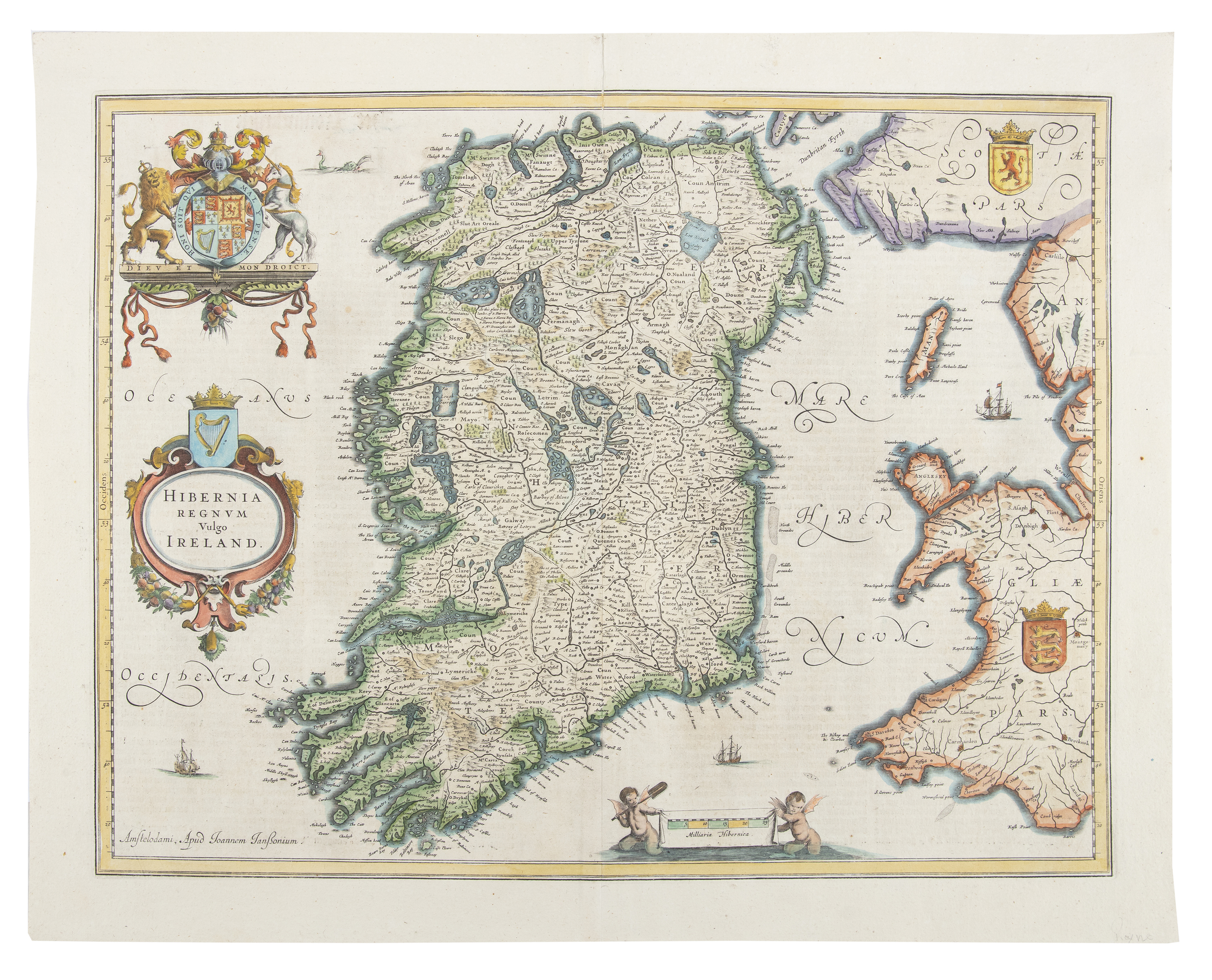 JOANNEM JANSSONIUM (1588-1664) Hibernia / Regnum / Vulgo / Ireland Colour engraving, 395 x 510mm