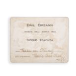 A SIGNED OFFICIAL PRINTED DELEGATE'S TICKET FOR THE SESSION OF DÁIL ÉIREANN, held on 25th April 1922
