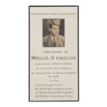 MICHAEL COLLINS MEMORIAL CARD A single sheet memorial card, 5.5 x 10 cm, with black border. With the