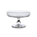 A 19th CENTURY ETCHED GLASS PEDESTAL BOWL of circular form, decorated to the exterior with a chain