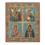 A RUSSIAN ICON (19TH CENTURY) Mother of God with saints in four compartments Tempera on poplar