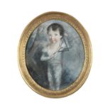 IRISH SCHOOL Study of a Young Boy Playing a Triangle Oval, pastel, 31 x 26cm Daniel Egan trade label