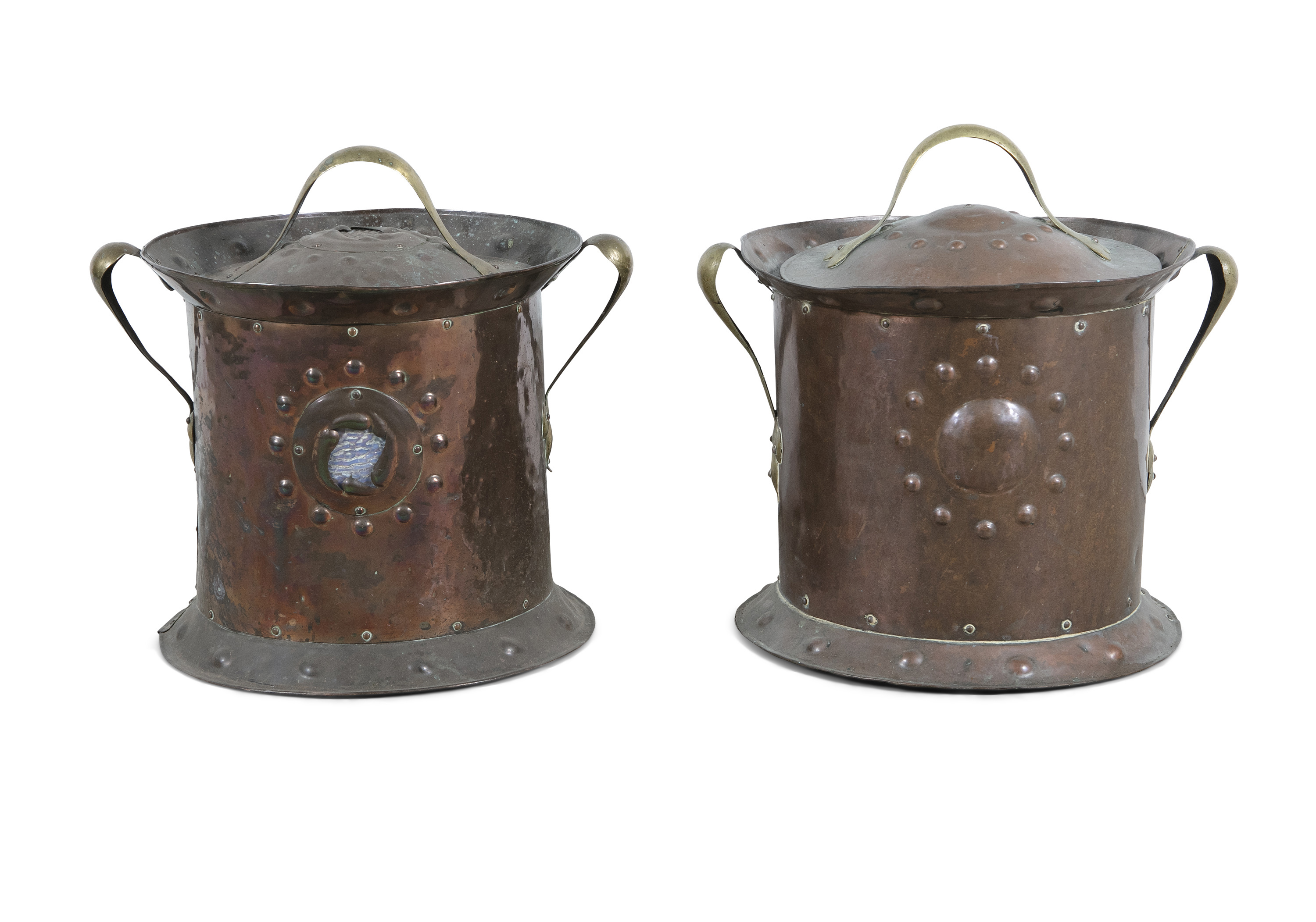 A MATCHED PAIR OF CYLINDRICAL COPPER COAL BUCKETS, the circular domed lids with brass handle and - Image 2 of 2