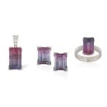 A DIAMOND AND TOURMALINE RING, EARRINGS AND PENDANT EN SUITE, the ring set with a rectangular-cut