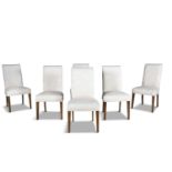 A SET OF SIX MODERN UPHOLSTERED DINING CHAIRS, the square backs and seats upholstered in cream