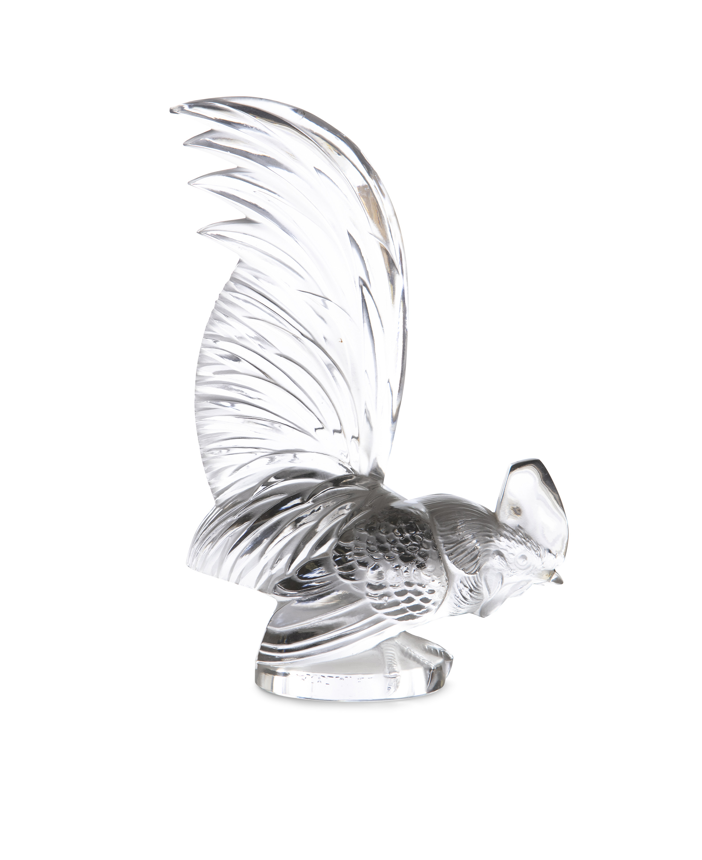 A RARE LALIQUE CAR MASCOT, c.1928, modelled as a cockerel, with fanned tail, standing on a