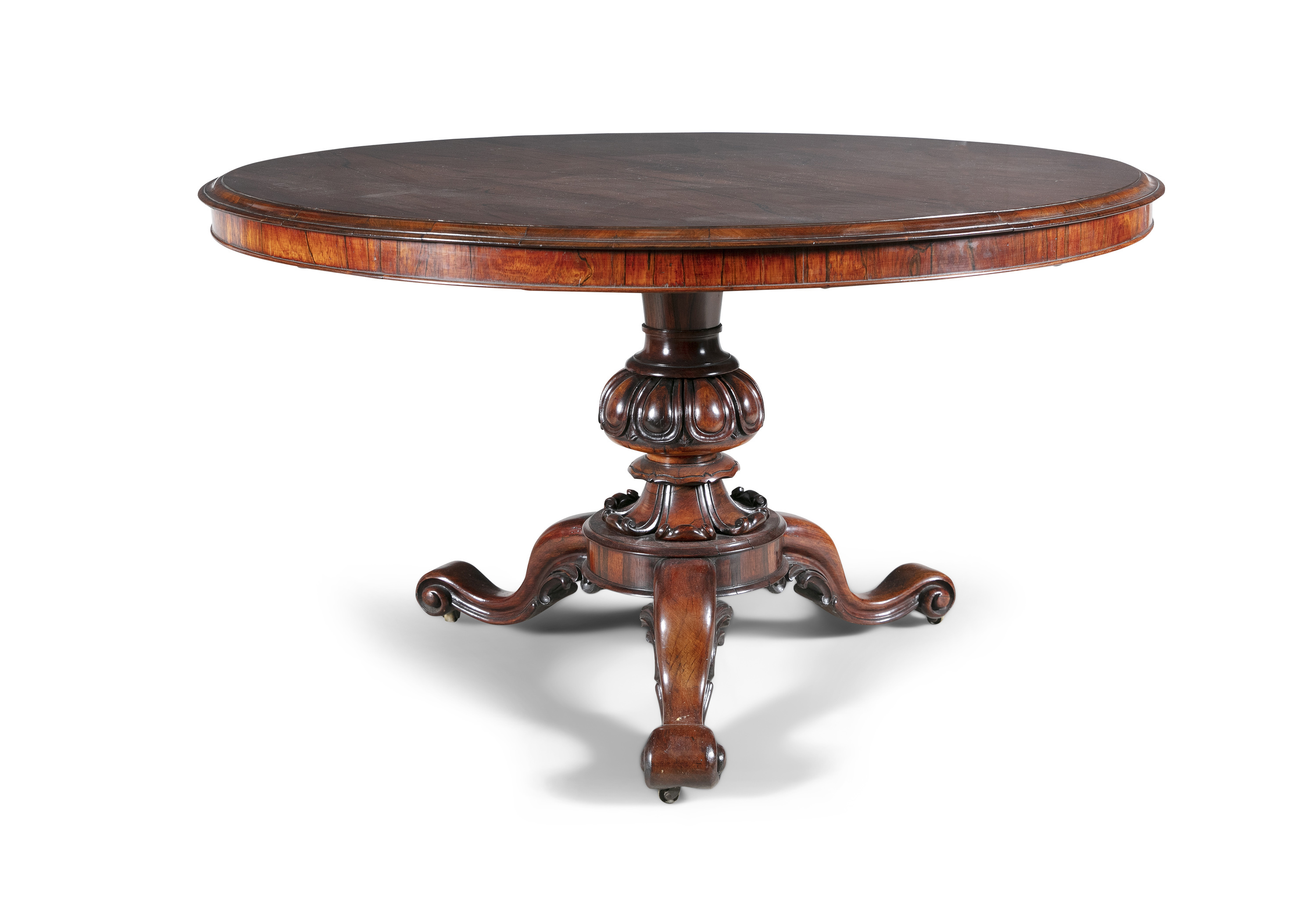 A FINE VICTORIAN ROSEWOOD CIRCULAR TILT TOP BREAKFAST TABLE, the top with moulded rim, on a turned - Image 2 of 2