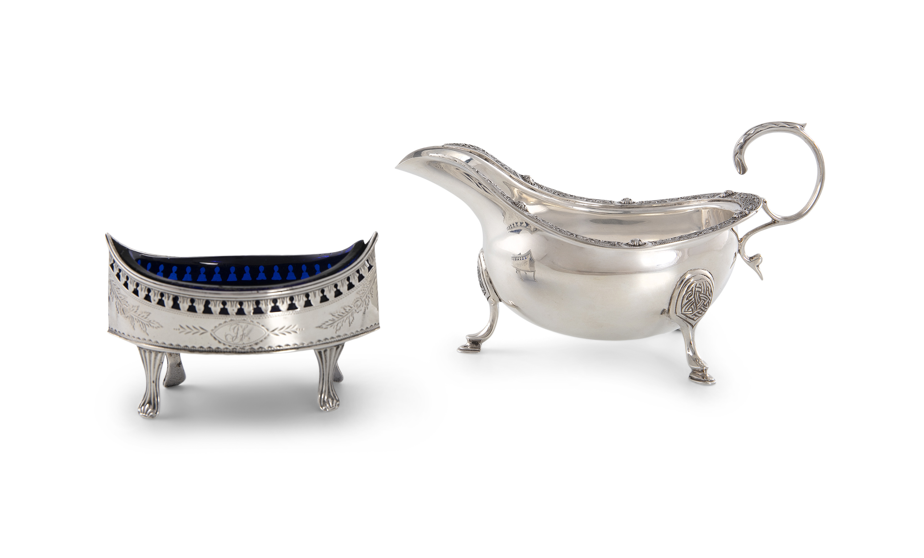 AN IRISH BRIGHT-CUT SILVER ENGRAVED NAVETTE SHAPED SALT CELLAR, Dublin 1785, mark Christopher - Image 2 of 2