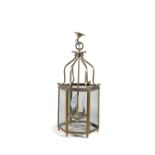 AN EDWARDIAN STAINED GLASS HALL LANTERN, c.1910, of squared form, with brass frame and coloured