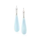 A PAIR OF CHALCEDONY AND DIAMOND EARRINGS, each elongated drop-shaped cabochon chalcedony suspending