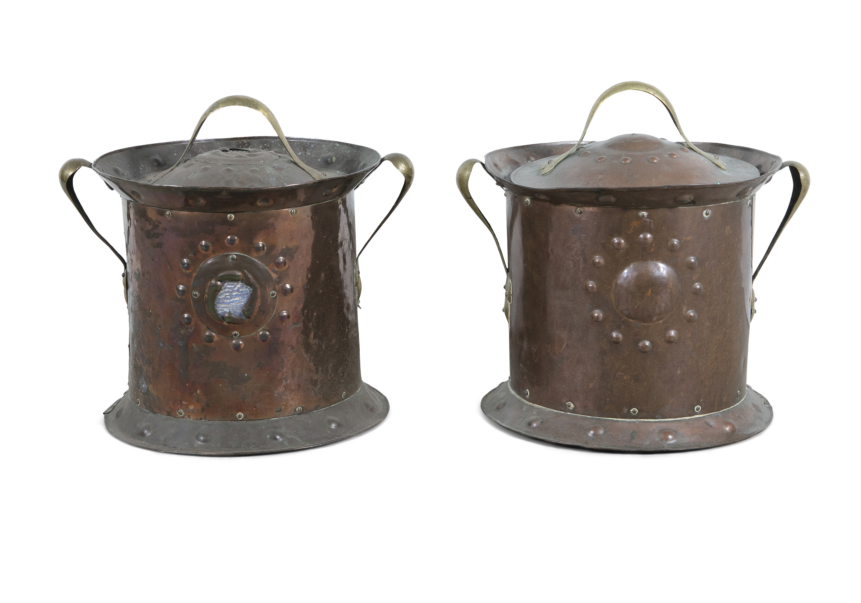 A MATCHED PAIR OF CYLINDRICAL COPPER COAL BUCKETS, the circular domed lids with brass handle and