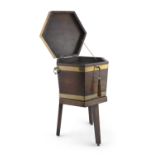 A GEORGE III MAHOGANY BRASS BANDED HEXAGONAL CELLARETTE ON STAND, the hinged top above tapered body,