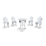 A WHITE PAINTED CAST IRON GARDEN TABLE AND FOUR CHAIRS, the table with pierced circular geometric