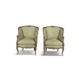 A PAIR OF LOUIS QUINZE STYLE PAINTED AND PARTIALLY GILDED BEECHWOOD FRAMED FAUTEUILS, the shaped