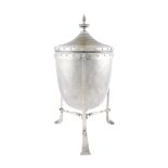 A CHAMPAGNE COOLER ON STAND, with three downswept legs and spindle stretchers. 83cm high