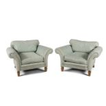 A PAIR OF OVERSIZED ARMCHAIRS BY LINLEY, with deep seats and scrolling arms, upholstered in duck egg