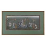 A MUGAL STYLE PAINTED SILK PANEL, depicting a procession with a dignitary on an elephant. 21 x 50.
