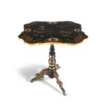 A 19TH CENTURY JAPANNED PARCEL GILT OCCASIONAL TABLE, the shaped tilt top decorated with
