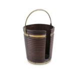 A GEORGE III MAHOGANY BRASS BOUND FUEL BUCKET, of coopered construction, ribbed body and brass swing