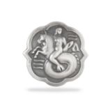 A SILVER BROOCH BY GEORG JENSEN, the stylised frame enclosing a mermaid riding a sea creature,