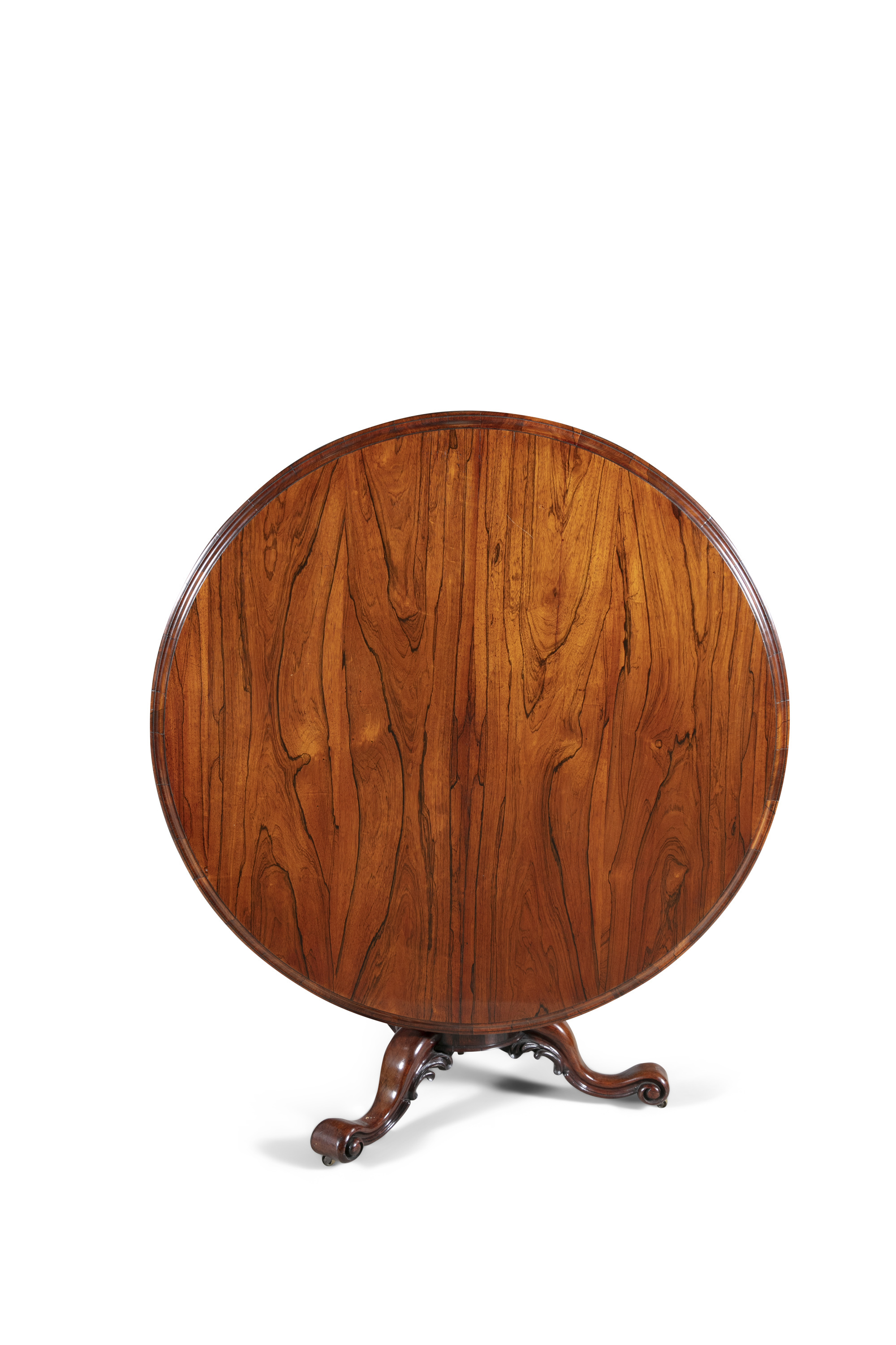 A FINE VICTORIAN ROSEWOOD CIRCULAR TILT TOP BREAKFAST TABLE, the top with moulded rim, on a turned