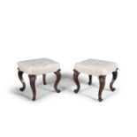 A PAIR OF VICTORIAN ROSEWOOD FRAMED SQUARE STOOLS, the seats covered in tapestry cloth and raised on