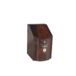 A GEORGE III MAHOGANY AND SILVER MOUNTED SLOPE FRONT KNIFE BOX, with plain velvet lined interior,