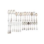 A COLLECTION OF SILVER FLATWARE comprising fine Victorian fiddle and shell pattern dessert spoons,