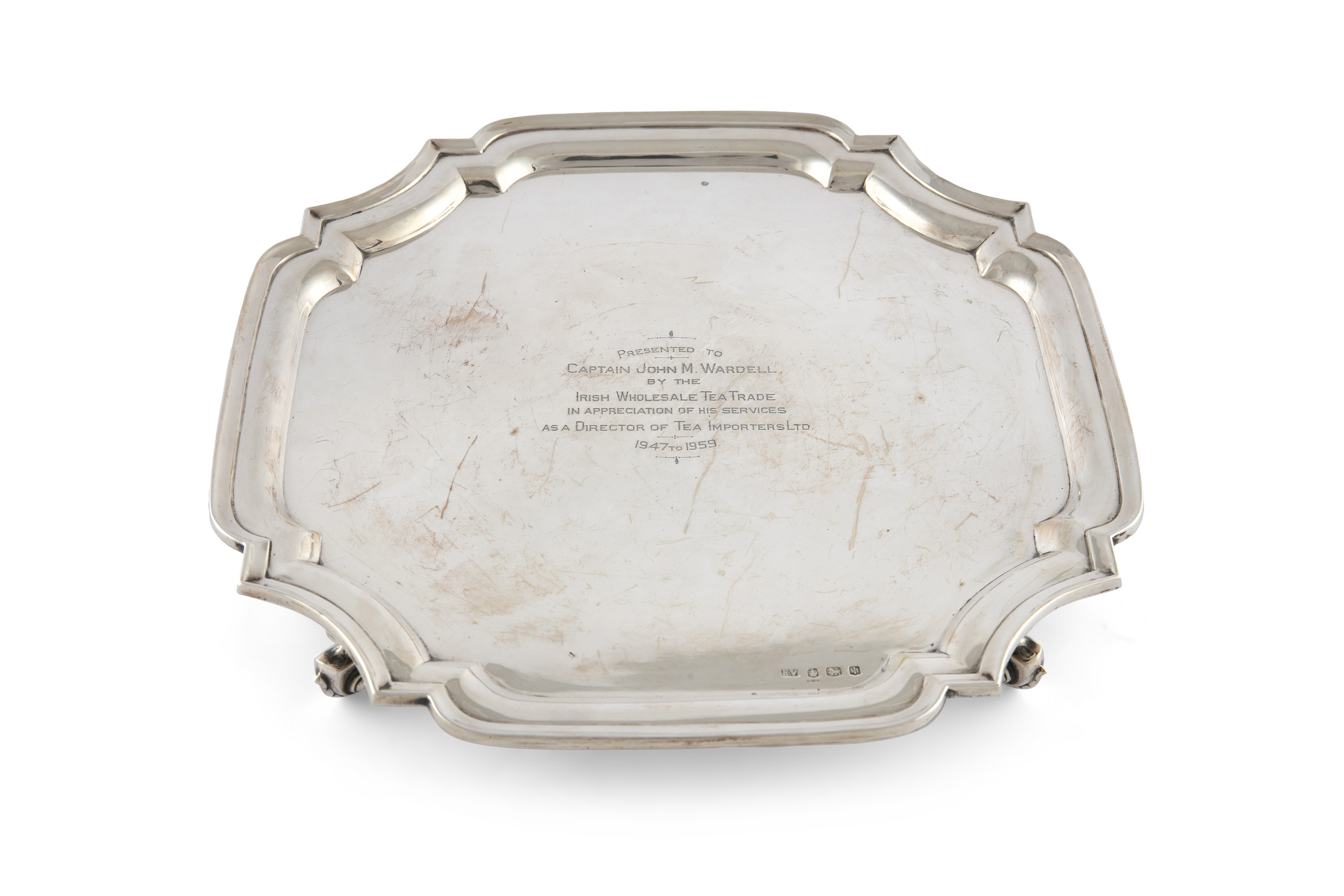 A MODERN SILVER OCTAGONAL CARD TRAY, Sheffield 1951, mark of Viner's Ltd., with pie-crust rim,