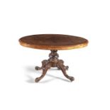 A VICTORIAN WALNUT LIBRARY TABLE, the oval top with thumb moulded rim, raised on a turned centre