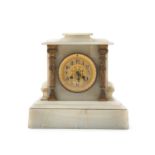 AN ALABASTER CASED MANTLE CLOCK, or architectural form, the gilded dial flanked by twin gilt brass