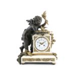 A 19TH CENTURY FRENCH BRONZE AND ORMOLU MANTLE CLOCK, the white enamel dial signed Lemerle-