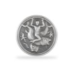 A SILVER BROOCH BY GEORG JENSEN, the round-shaped brooch depicting a merman riding a fish amongst