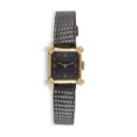 A LADY'S MANUAL WIND WRISTWATCH, BY BAUME & MERCIER, the square black dial with Roman numerals,