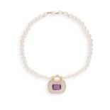 A CULTURED PEARL AND GEM-SET NECKLACE Composed of a single row of graduated cultured pearls of cream