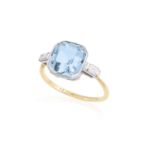 AN AQUAMARINE AND DIAMOND RING The octagonal step-cut aquamarine within collet-setting, between