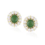 A PAIR OF JADEITE JADE AND DIAMOND EARRINGS Each collet-set round cabochon jadeite jade, within a