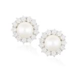 A PAIR OF CULTURED PEARL AND DIAMOND EARRINGS Each round-shaped cultured pearl of cream tint