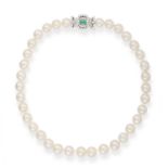 A CULTURED PEARL NECKLACE WITH DIAMOND AND EMERALD CLASP The single row of cultured pearls measuring