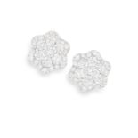 A PAIR OF DIAMOND EARRINGS Each designed as a flowerhead centring a cluster of round brilliant-cut