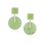 A PAIR OF JADE AND DIAMOND PENDENT EARRINGS, BY MARGHERITA BURGENER Each polished square jade plaque