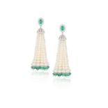 A PAIR OF CULTURED PEARL, EMERALD AND DIAMOND PENDENT EARRINGS Each surmount set with an oval-shaped