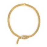 A DIAMOND AND GOLD NECKLACE, CIRCA 1965 Designed as a flexible ribbon of woven tapered mesh,
