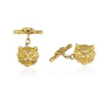 A PAIR OF GOLD CUFFLINKS Each brushed gold cat's head to a gold terminal depicting a mouse lying