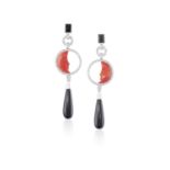 A PAIR OF CORAL, ONYX AND DIAMOND PENDENT EARRINGS Each rectangular onyx plaque and brilliant-cut