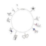 A GEM-SET AND DIAMOND CHARM BRACELET The fancy-link platinum chain suspending eleven charms set with