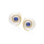 A PAIR OF SHELL AND LAPIS LAZULI EARCLIPS Each turbo shell inset with a central circular cabochon