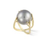 A CULTURED PEARL AND DIAMOND 'LE ROI GRENOUILLE' RING, BY JULIE GENET Composed of a large central