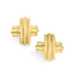 A PAIR OF GOLD EARRINGS, BY TIFFANY & CO. Each domed reeded cross-shaped clip, in 18K gold, signed